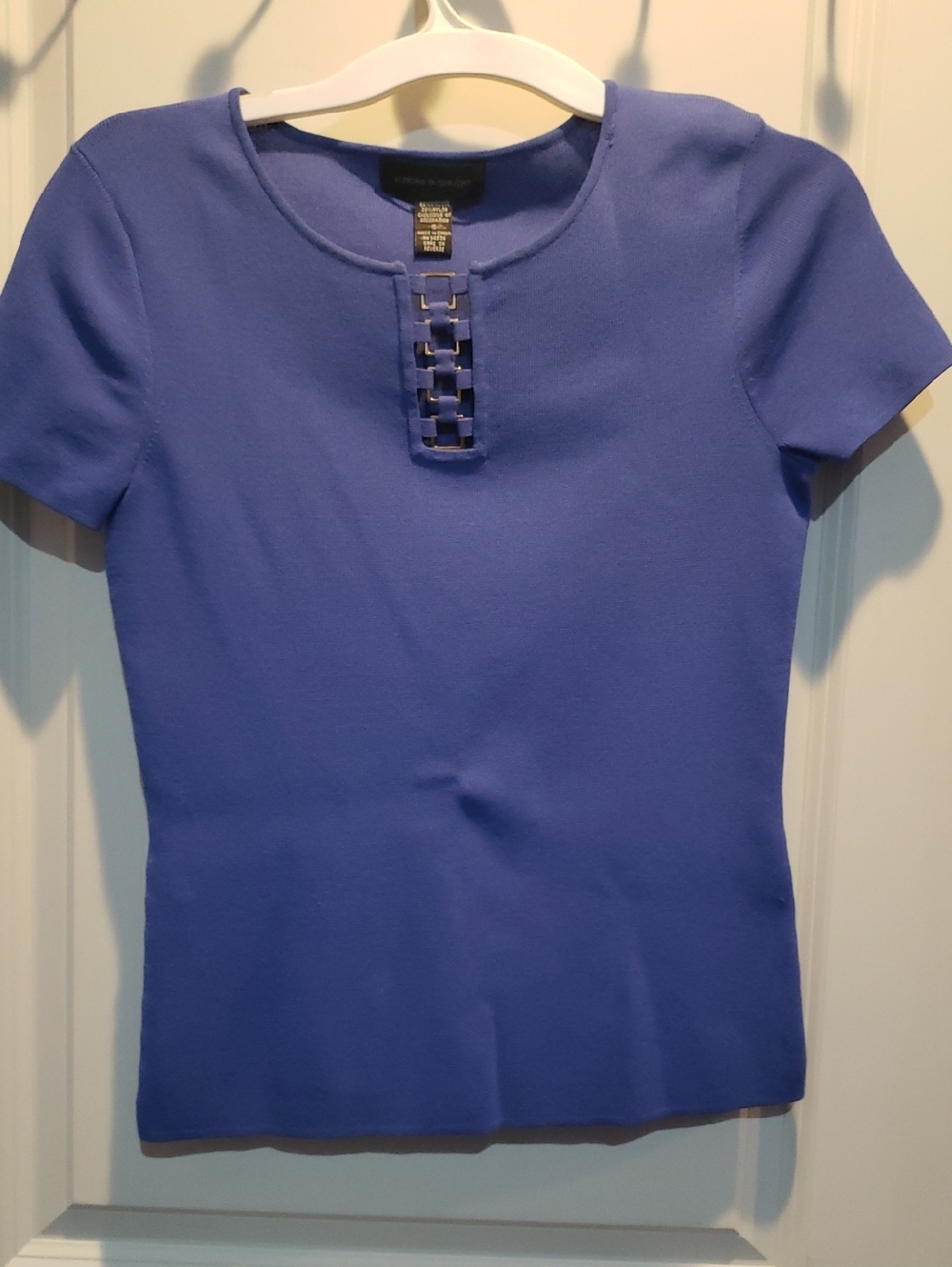 Short Sleeve Knit Top in Periwinkle Blue w/ Gold Ladder Neckline
